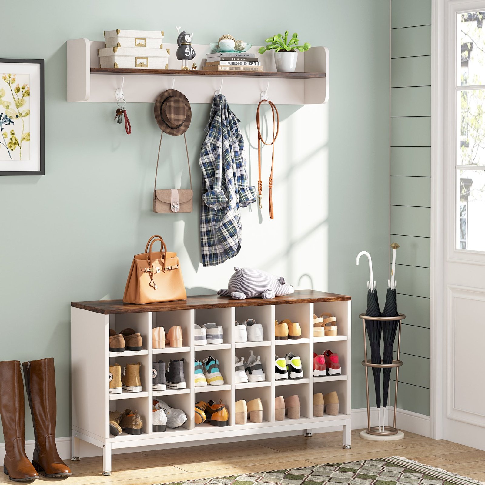 Coat Rack Shoe Bench Set, Hall Tree with Bench and 18 Shoe Cubbies ...