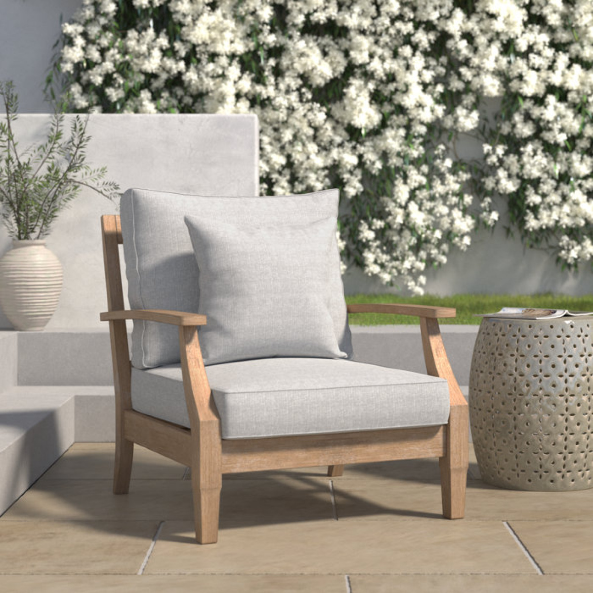 Samya Eucalyptus Outdoor Armless Lounge Chair with Cushion - Image 2