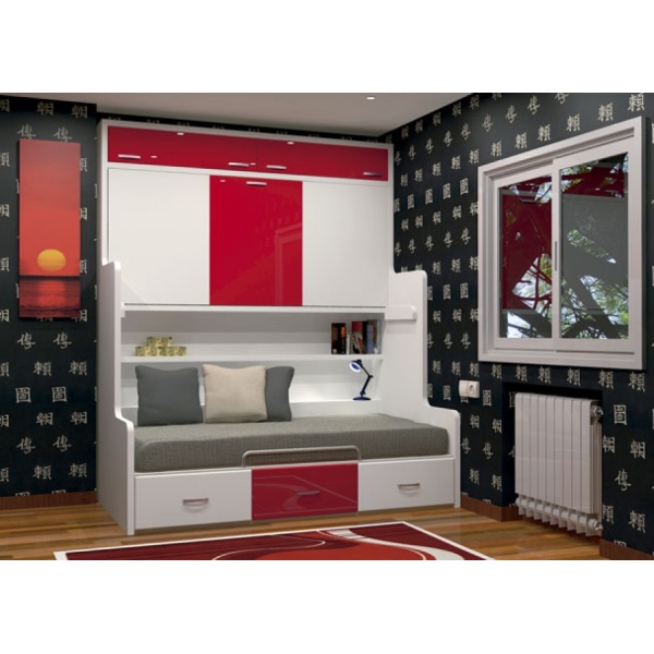 Youth bedroom with fixed bed with drawers and upper folding bed.