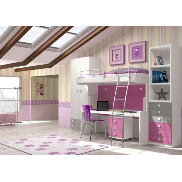Children's bedroom with a fixed bed-table and a lower folding bed with a table.