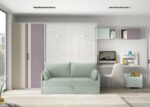 Youth room with fold-down bed, sofa and wardrobe.