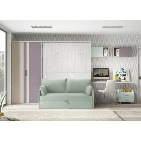 Youth room with fold-down bed, sofa and wardrobe.