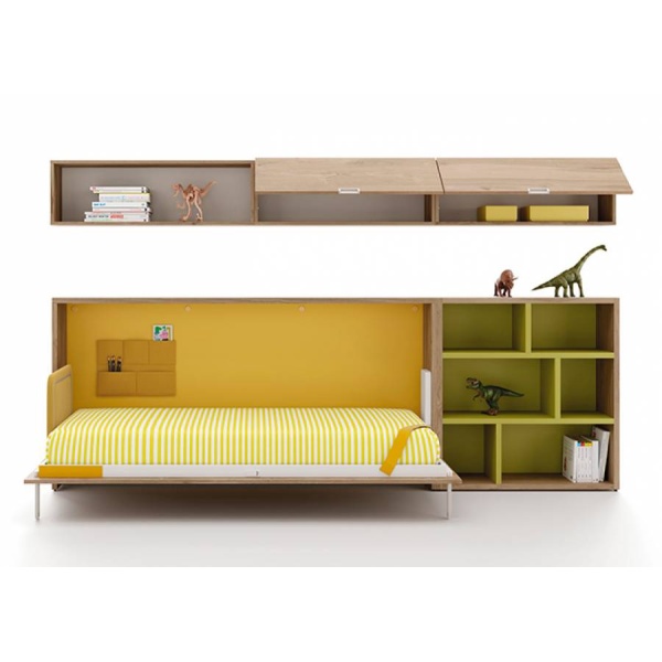 Horizontal folding bed U+D series with low bookcase and wall composition