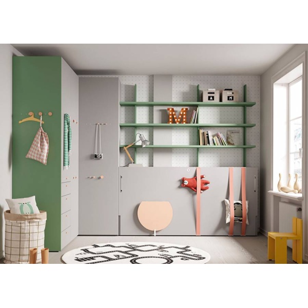 U+D series horizontal folding bed with corner wardrobe and stacked bookcase