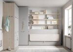 Horizontal folding bed with desk from the UD series, with corner wardrobe and stacked bookcase - Image 3