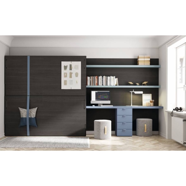 Horizontal folding bunk bed with double-bed study area