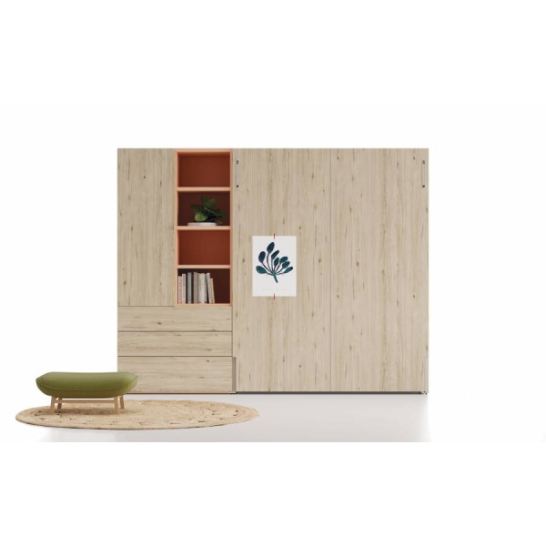 Vertical folding double bed with wardrobe and bookcase