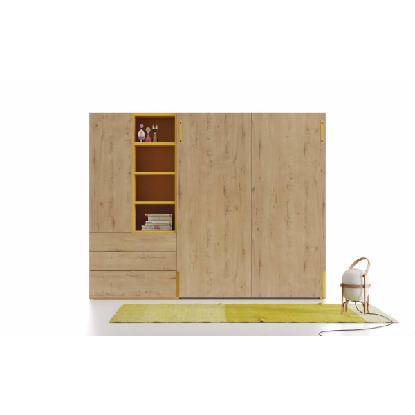 Vertical folding double bed with wardrobe and bookcase