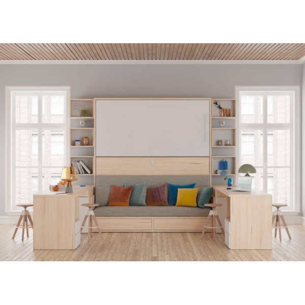 Horizontal folding bunk bed with integrated sofa and two study areas