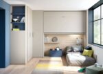 Shared bedroom with a folding bed, a high bed, a lower bed and a wardrobe