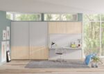 Folding double bed with table and sliding wardrobe