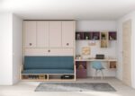 Horizontal folding bed with sofa, upper wardrobe and study area