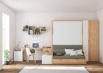 Horizontal folding bunk bed with sofa, trundle bed and 2 desks