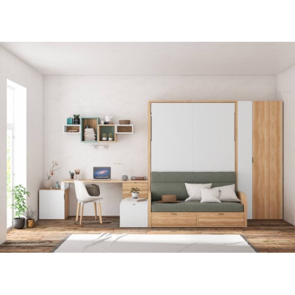 Horizontal folding bunk bed with sofa, trundle bed and 2 desks