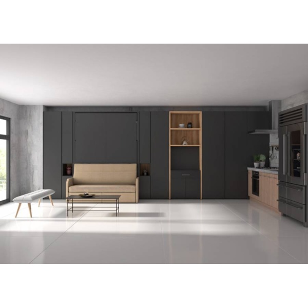 Folding double bed with sofa, wardrobes and extendable table