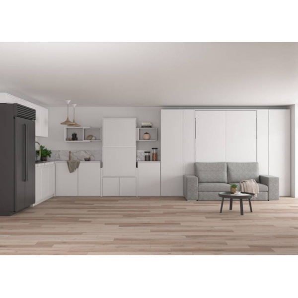 Vertical folding double bed with sofa, folding table and wardrobe