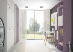 Children's bedroom with folding bunk beds and study area.