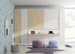Horizontal folding bed with desk and upper wardrobe with sliding doors - Image 2