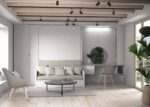 Bedroom with fold-out sofa, desk, in Nordic style