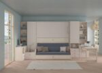 Youth bedroom with fold-down bunk bed with sofa and 2 study areas