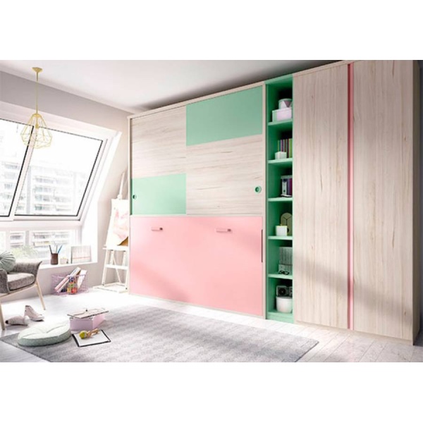 Horizontal folding bed with upper wardrobe with sliding doors