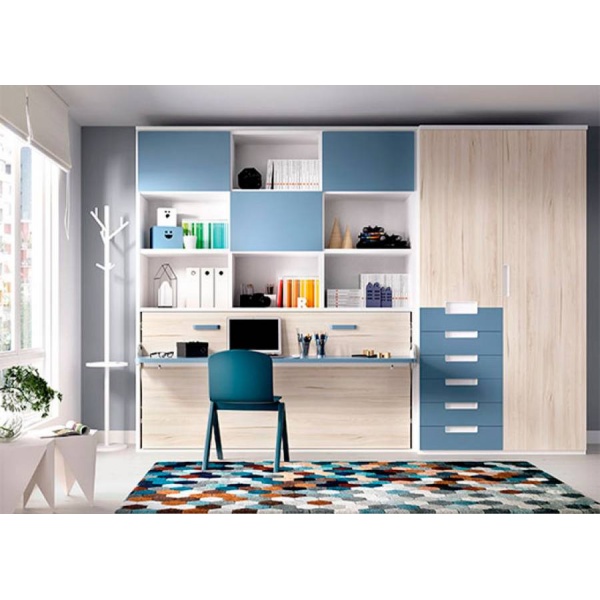 Horizontal folding bed with folding desk, wardrobe and bookcase