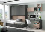 High horizontal folding bed with compact 4-drawer base.