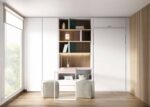 Bedroom with vertical bunk bed with loft and desk