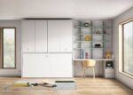 Folding bed with folding wardrobe and desk