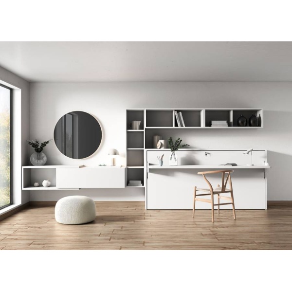 Office with horizontal folding bed with integrated table
