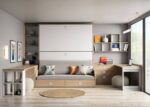 Folding bunk bed with sofa and two separate desks