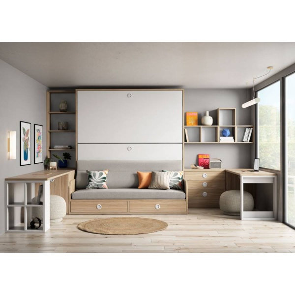 Folding bunk bed with sofa and two separate desks