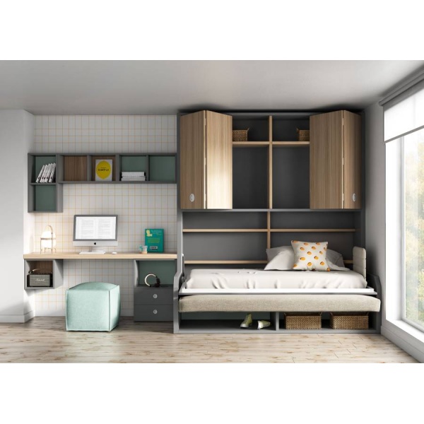 Sofa with fold-down bed, wardrobe with folding doors and desk