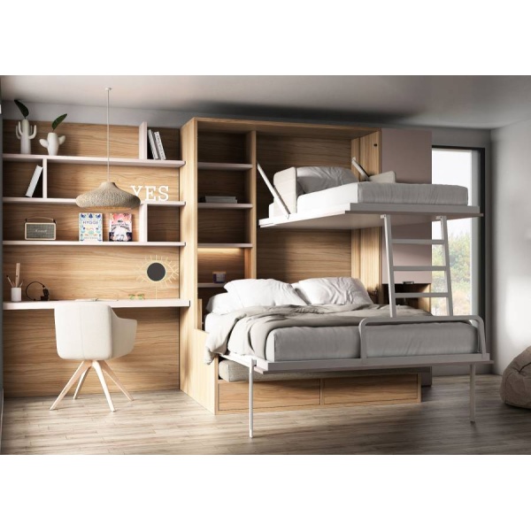 Vertical folding bunk bed with integrated sofa and a workspace