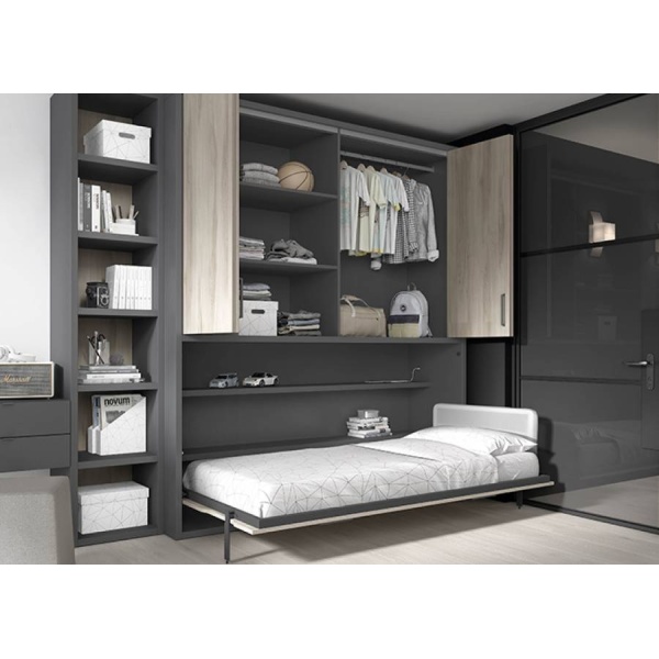 Horizontal folding bed with 4-door wardrobe and desk