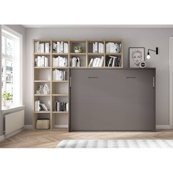 Horizontal folding bed with shelving