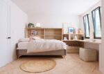 Horizontal folding bed with sofa and study area