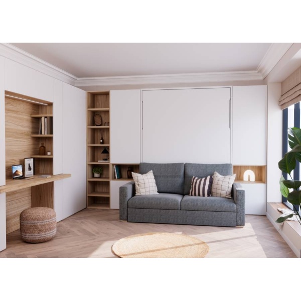 Living room with fold-down bed, sofa and desk