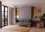 Living room with fold-down bed, sofa and desk