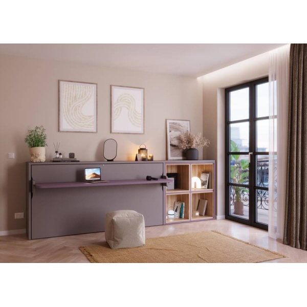 Horizontal folding bed with integrated desk