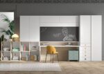 Bedroom with high folding bed with blackboard