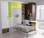 Youth bedroom with a vertical folding bed, integrated between a 3-door wardrobe and a bookcase with a study area. - Image 2