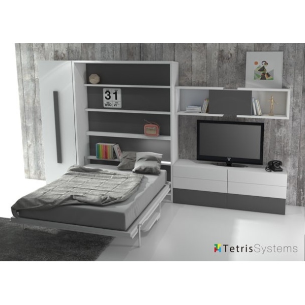 Living room with vertical folding bed with folding desk
