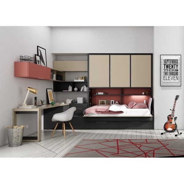 Folding bed with integrated sofa and wardrobe