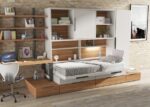 Horizontal folding bed with drawer base and desk