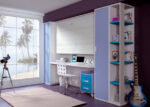 Youth bedroom with horizontal folding bed, wardrobes and study area.