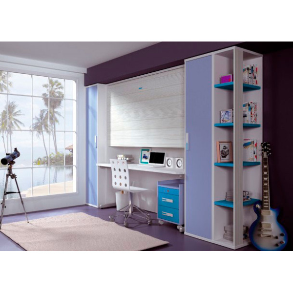 Youth bedroom with horizontal folding bed, wardrobes and study area.