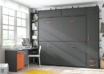Room with folding bunk beds, wardrobe and study area.