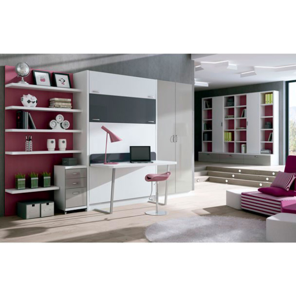 Living room with bookcase with drawer base and doors. (Wall 2)