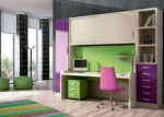 Youth bedroom with horizontal folding bed-table and wardrobe